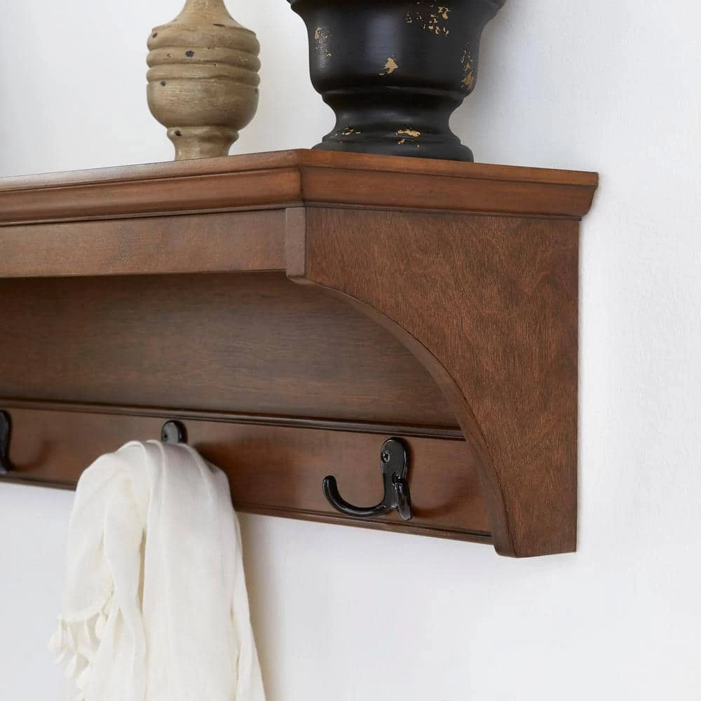 8 in. H x 36 in. W x 8 in. D Walnut Wood Floating Decorative Wall Shelf with Hooks by Home Decorators Collection - Image 4