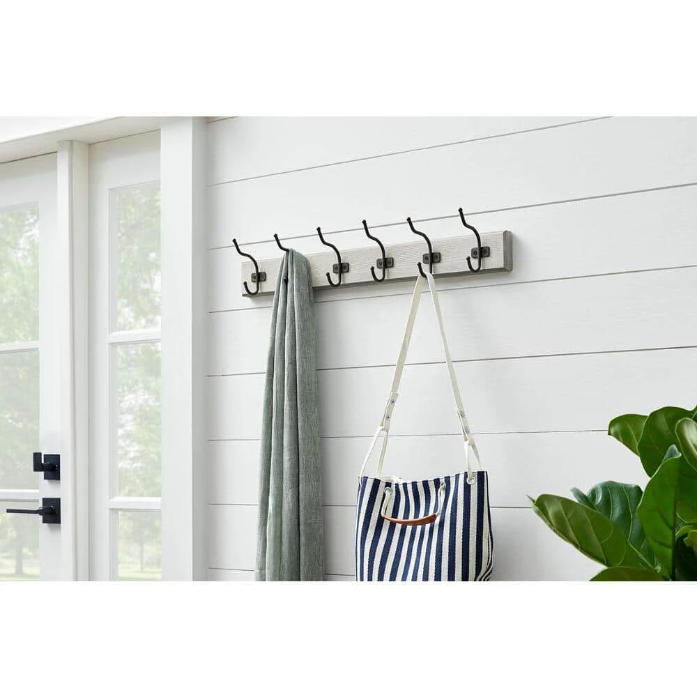 Snap Install 27 in. Farmhouse White Hook Rack with 6 Matte Black Hooks by Home Decorators Collection - Image 5