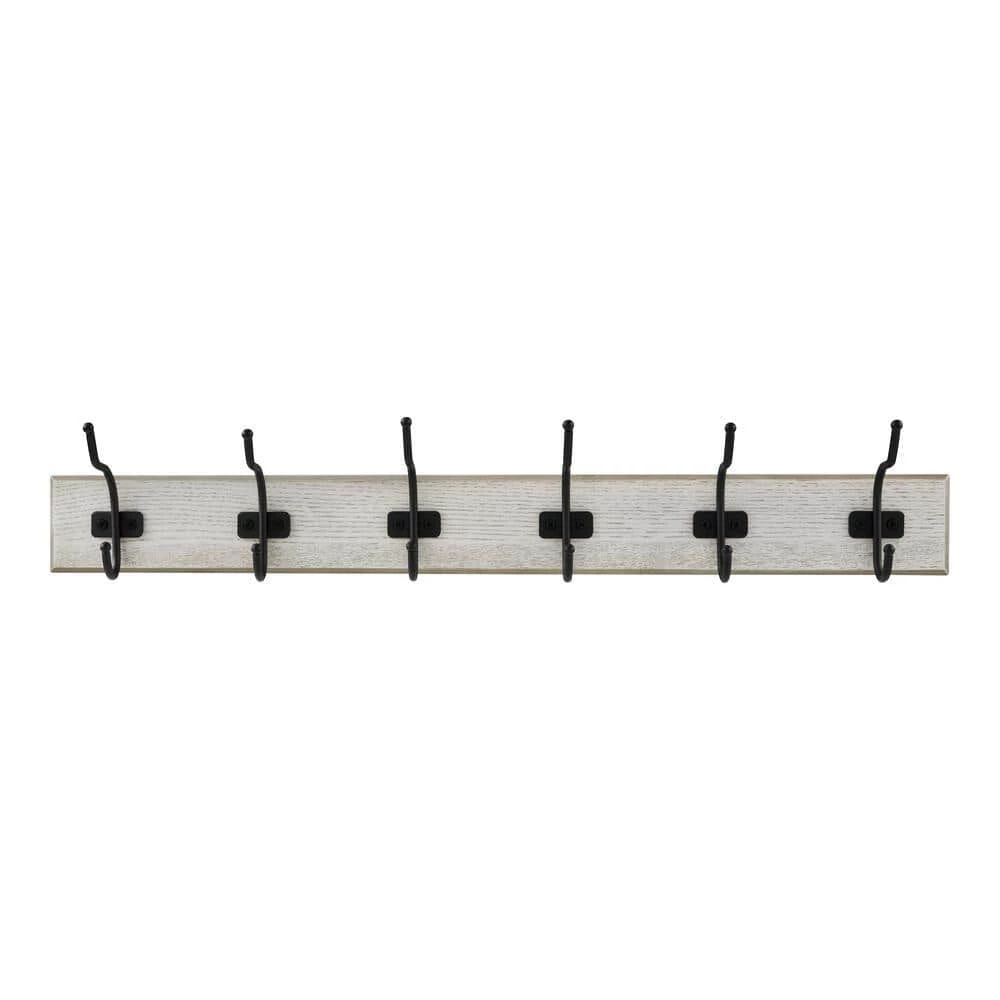 Snap Install 27 in. Farmhouse White Hook Rack with 6 Matte Black Hooks by Home Decorators Collection