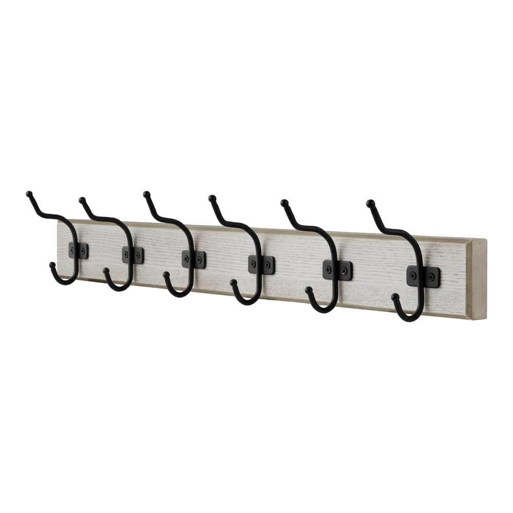 Snap Install 27 in. Farmhouse White Hook Rack with 6 Matte Black Hooks by Home Decorators Collection - Image 2