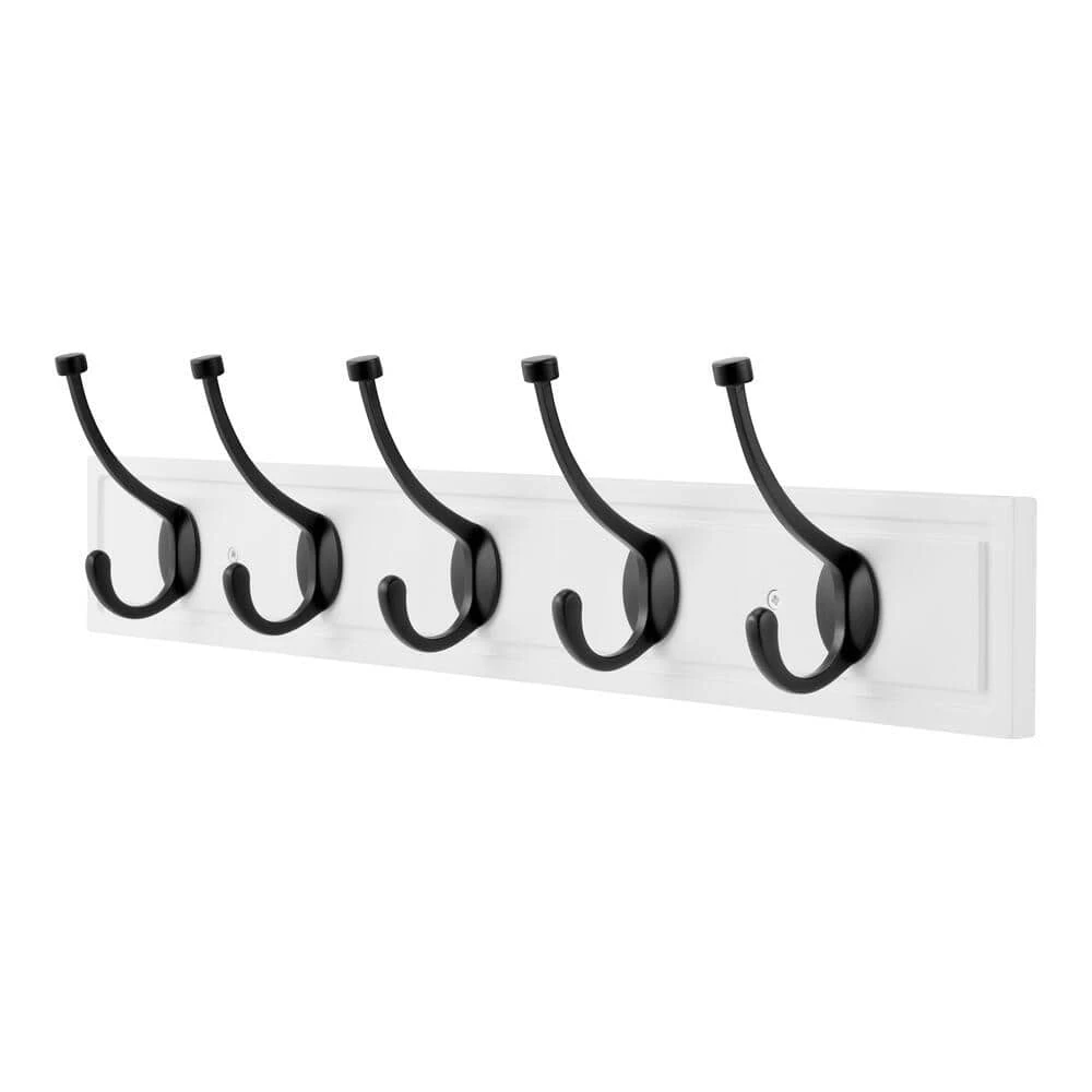 27 in. White Hook Rack with 5 Matte Black Pilltop Hooks (2-Pack) by Home Decorators Collection - Image 2